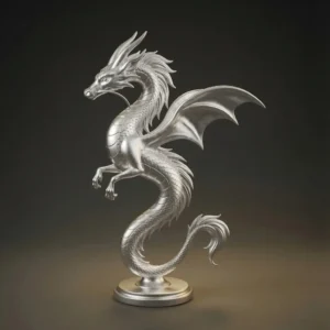 Silver metallic Chinese dragon sculpture on dark background