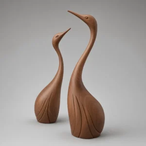 Crane pair sculpture 3D model in medium wood finish