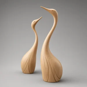 Light wood tone crane pair statues on neutral background