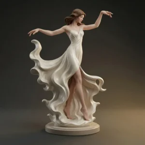Dancing woman sculpture 3D model in elegant white flowing dress