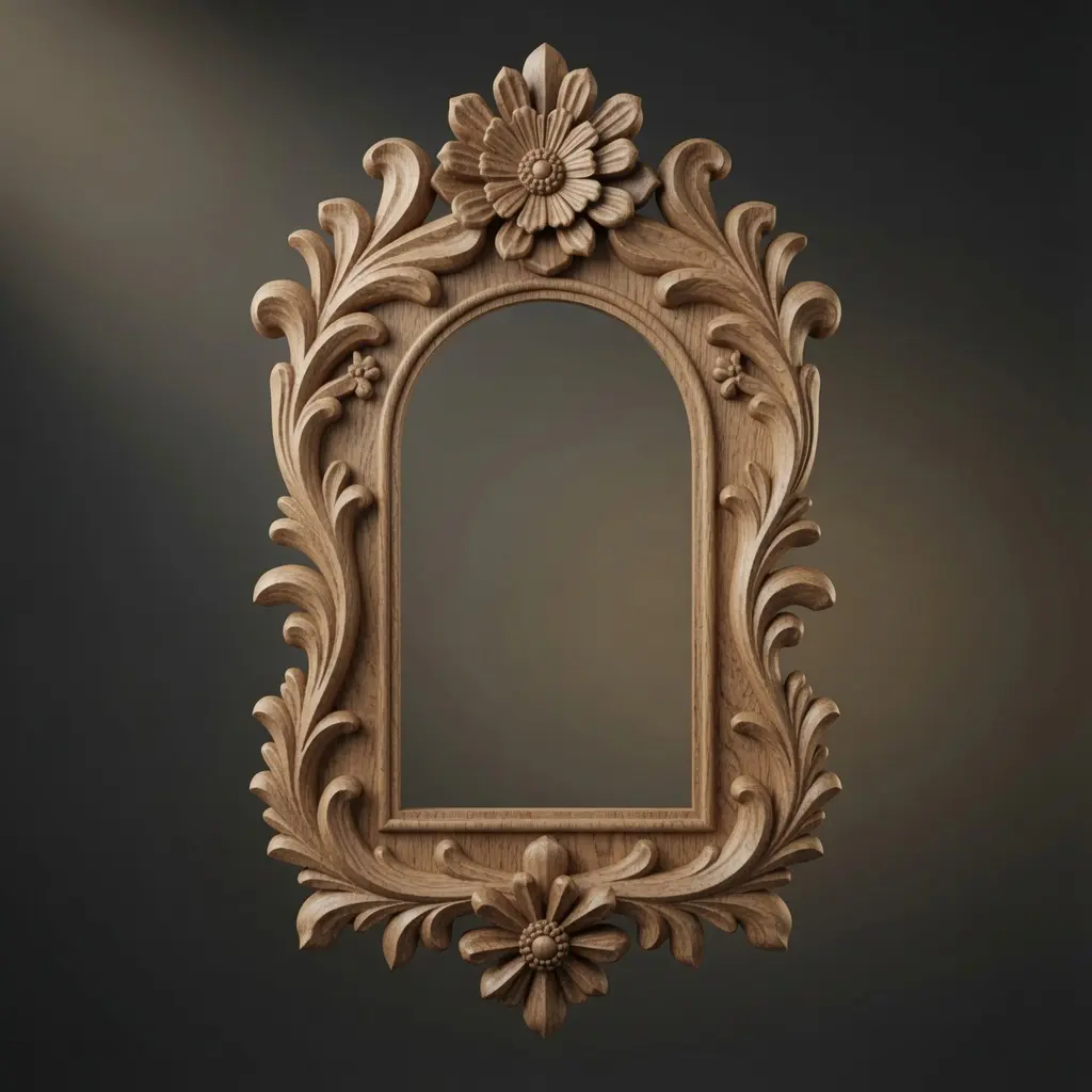 Floral ornate frame CNC relief model in medium wood finish