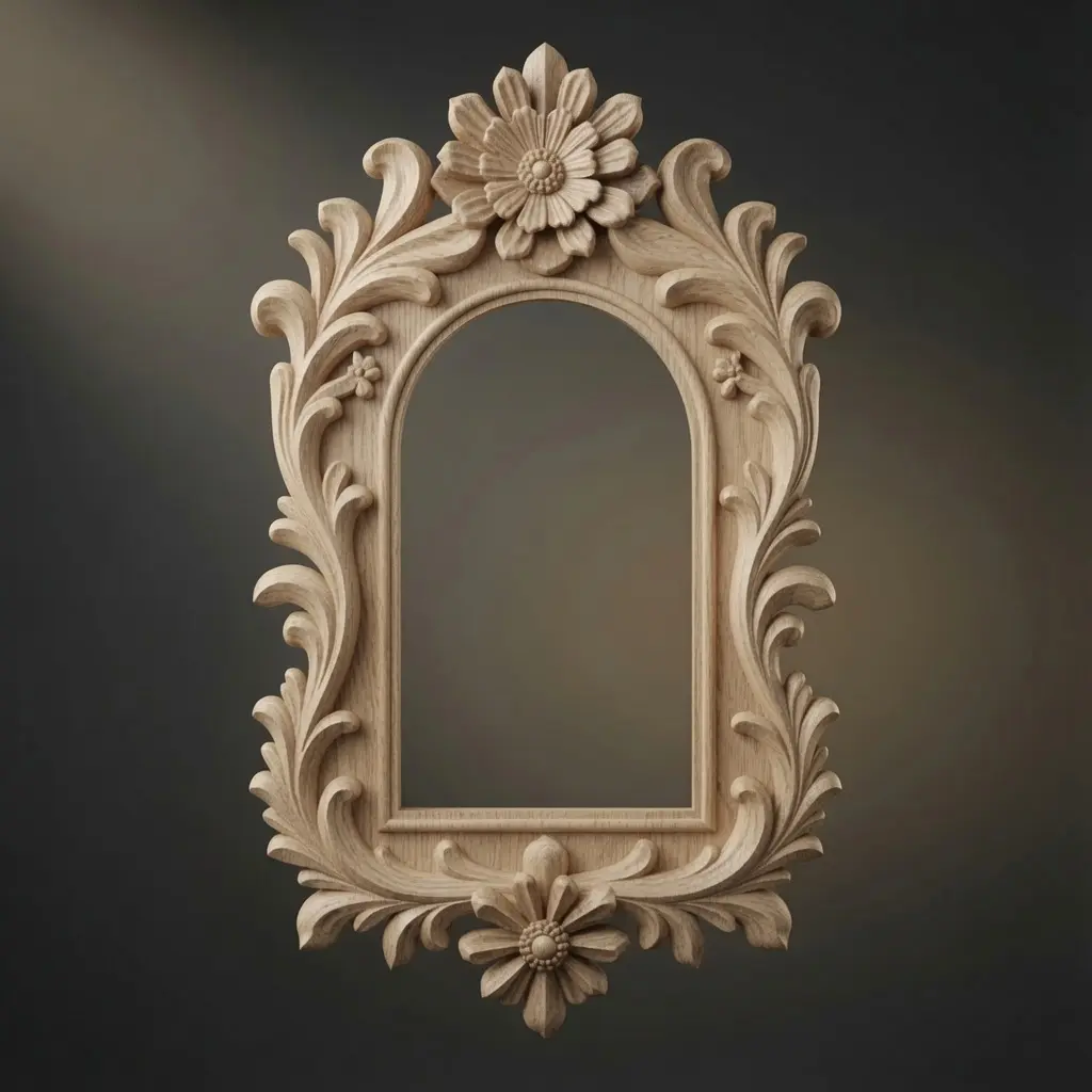 Light oak version of floral ornate frame CNC model
