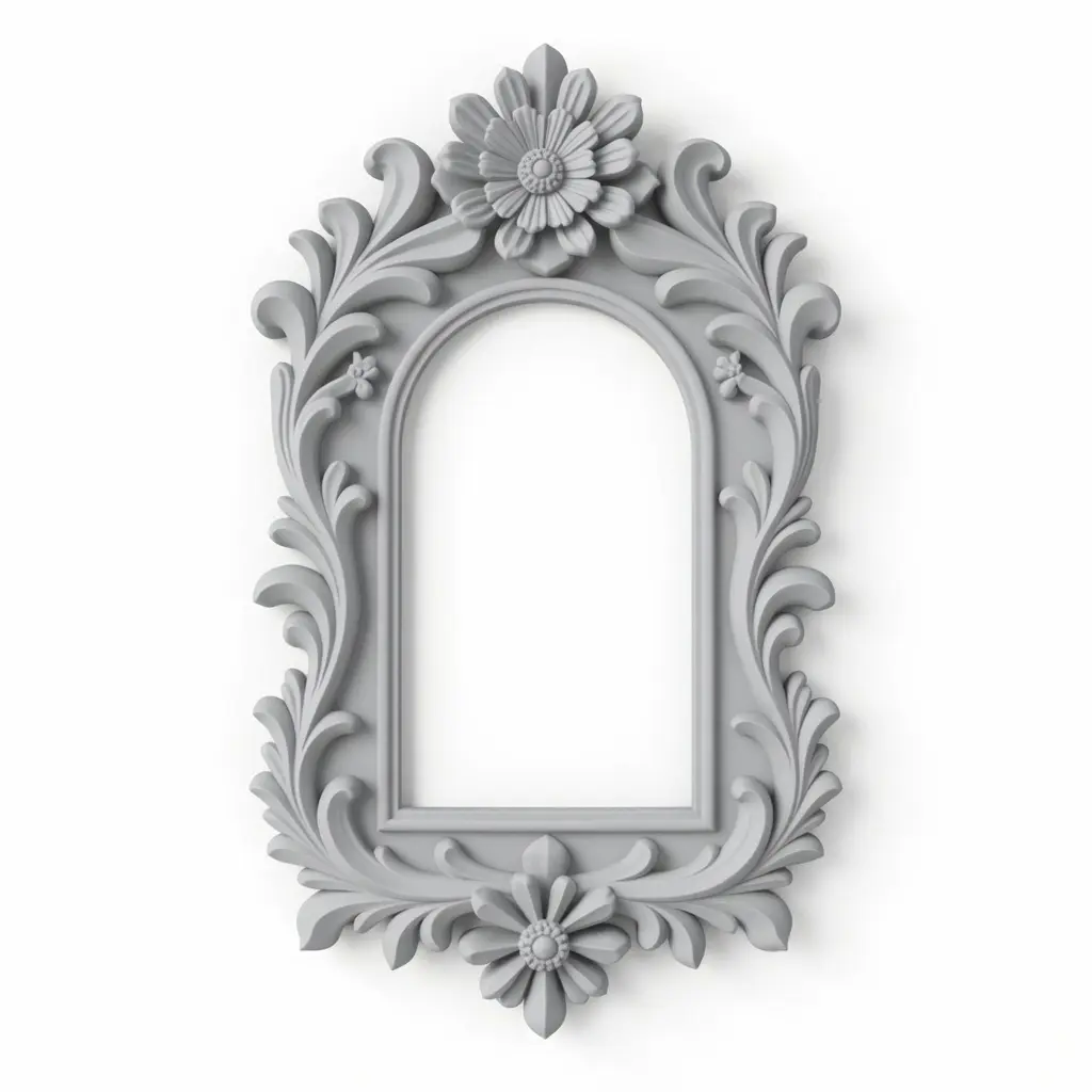 Close-up detail of carved daisy and leaf scrolls on ornate frame