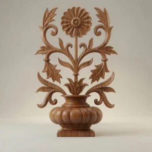 Classical floral vase CNC relief model in teak wood finish, front view