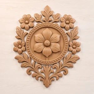 Floral wall medallion CNC relief in rich walnut wood finish