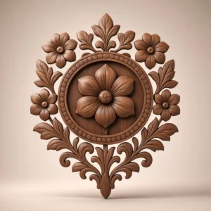Front view of floral wall medallion carved in dark wood