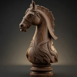 Horse head bust 3D model in dark walnut wood finish, side view