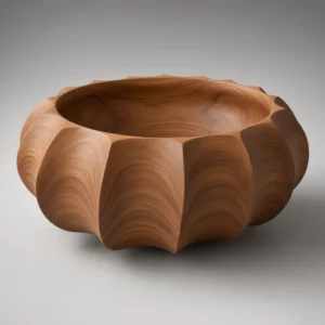Modern fluted decorative bowl 3D model in walnut natural wood finish
