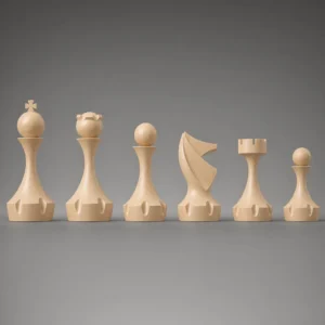 Modern minimalist chess set 3D model in light wood finish, complete six pieces arranged in a row