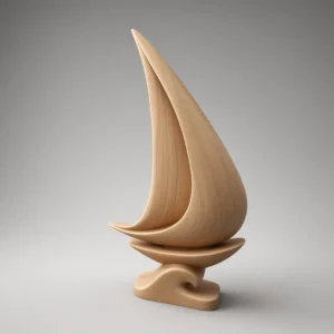 Light wood abstract sailboat with wave base