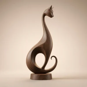 Modern stylized cat sculpture 3D model in dark wood finish