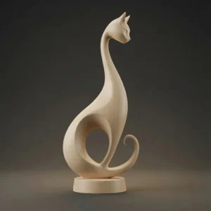 Modern stylized cat sculpture 3D model in light wood finish