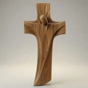 Medium-tone wood render of modern stylized cross