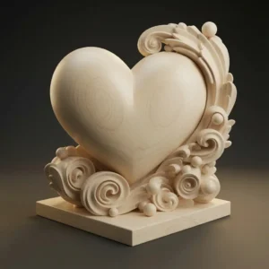 Ornate heart sculpture 3D model in light wood finish