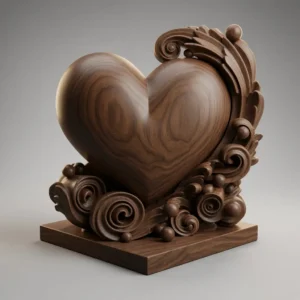 Dark walnut ornate heart sculpture with detailed scrollwork