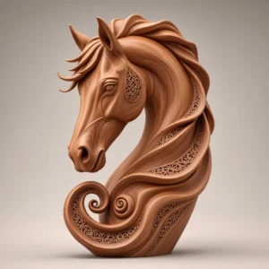 Ornate horse head sculpture 3D model in medium wood studio view