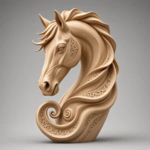 Light wood ornate horse head digital sculpture with filigree