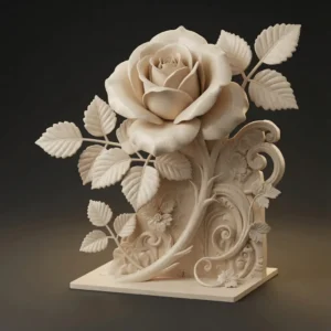 Rose sculpture 3D model in light oak wood finish