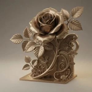 Bronze metallic rose sculpture with ornate scrollwork