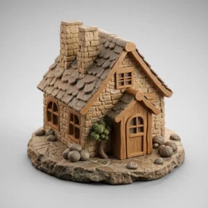 Rustic fairy tale cottage 3D model with stone walls and wood roof on natural base
