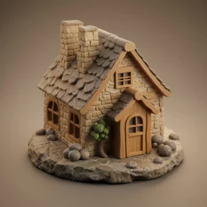 Front three-quarter view of detailed cottage 3D model in light wood and stone finish