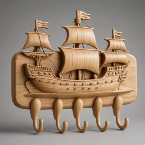 Sailing ship coat rack CNC model in light wood with five hooks