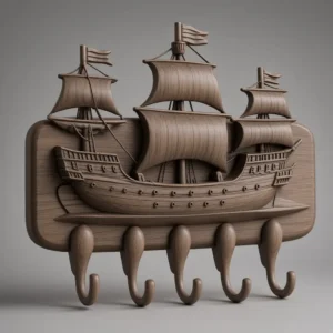 Dark wood finish sailing ship coat hooks wall art