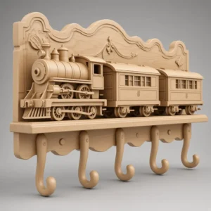 Steam locomotive coat rack CNC model in light wood finish with five hooks