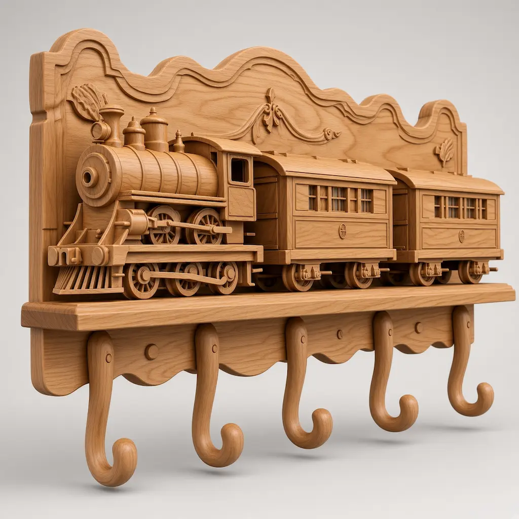 Front view of vintage steam train wall coat rack carved in wood