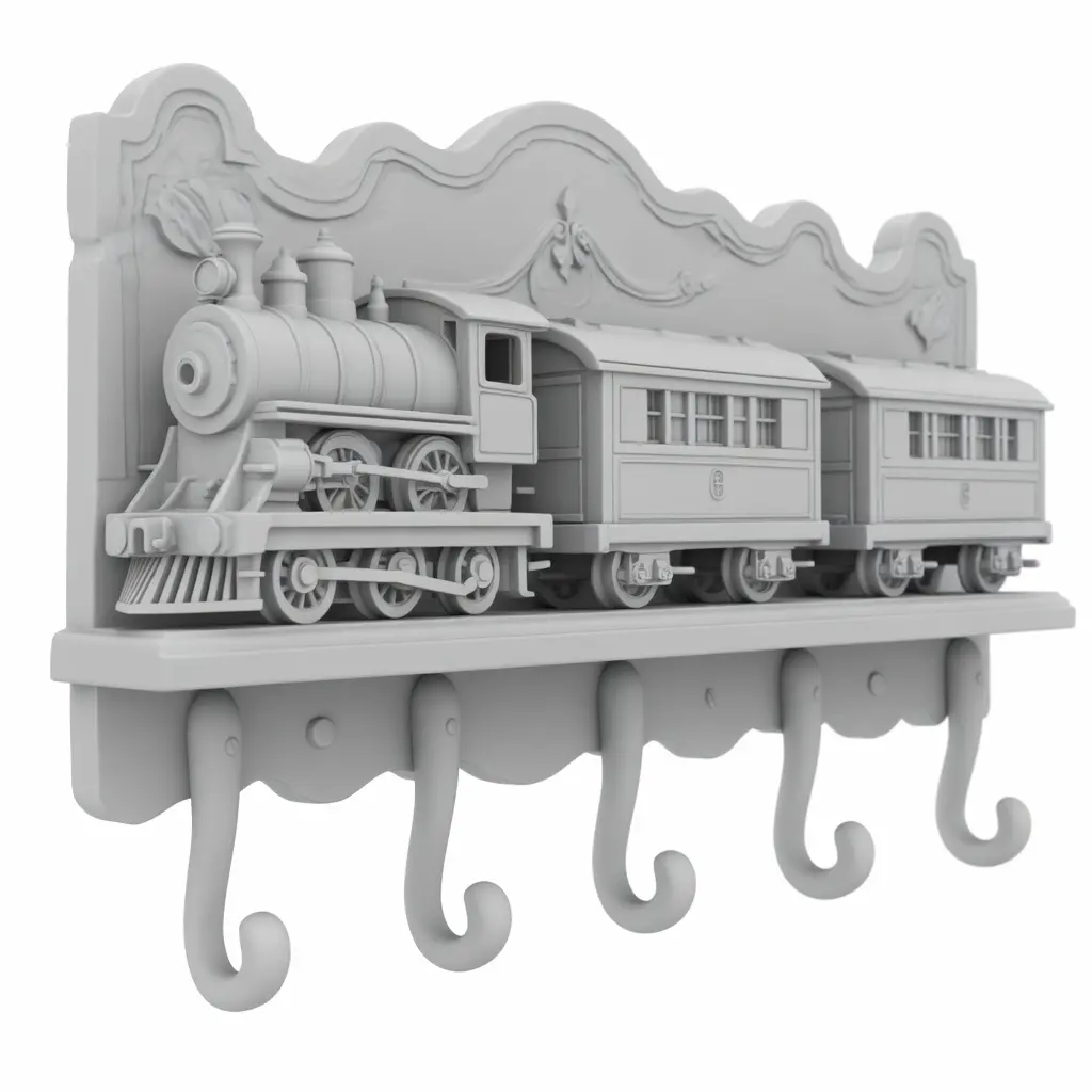 Clay render of steam locomotive and passenger cars high-relief coat rack