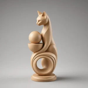 Stylized cat sculpture 3D model in light natural wood finish holding sphere