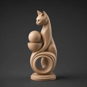 Stylized wooden cat sculpture with sphere and swirling base