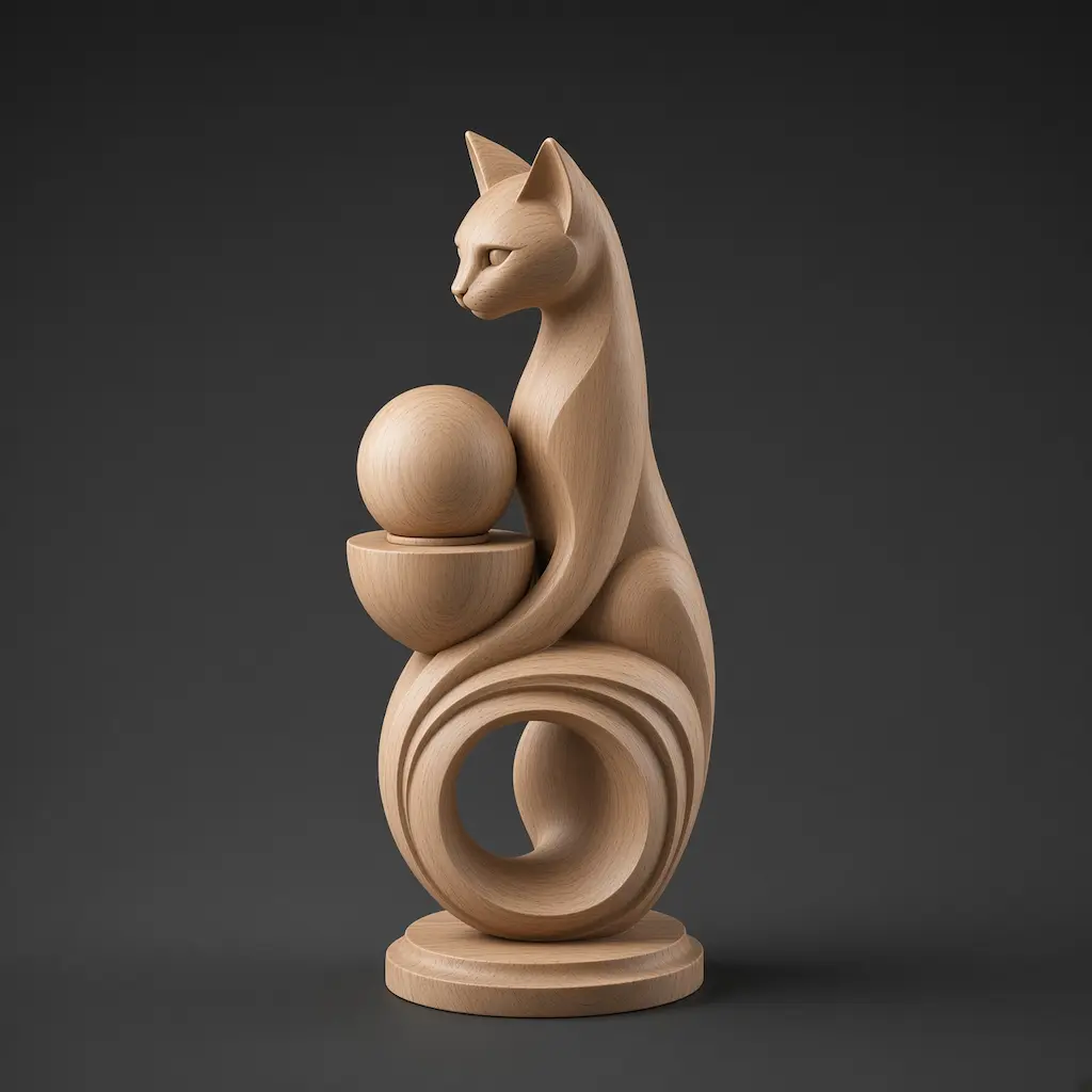 Stylized wooden cat sculpture with sphere and swirling base