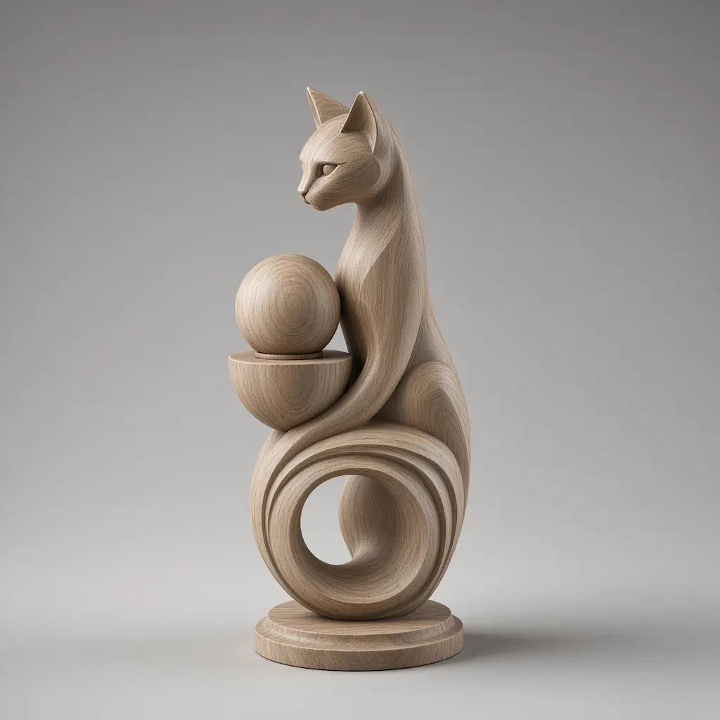 Full view of stylized cat with sphere decorative 3D model