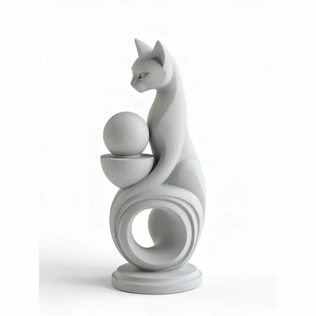 Gray matte preview of stylized cat sculpture 3D model