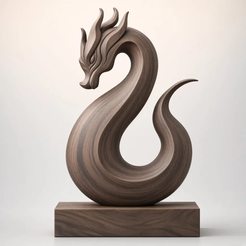 Dark walnut stylized dragon statue on base