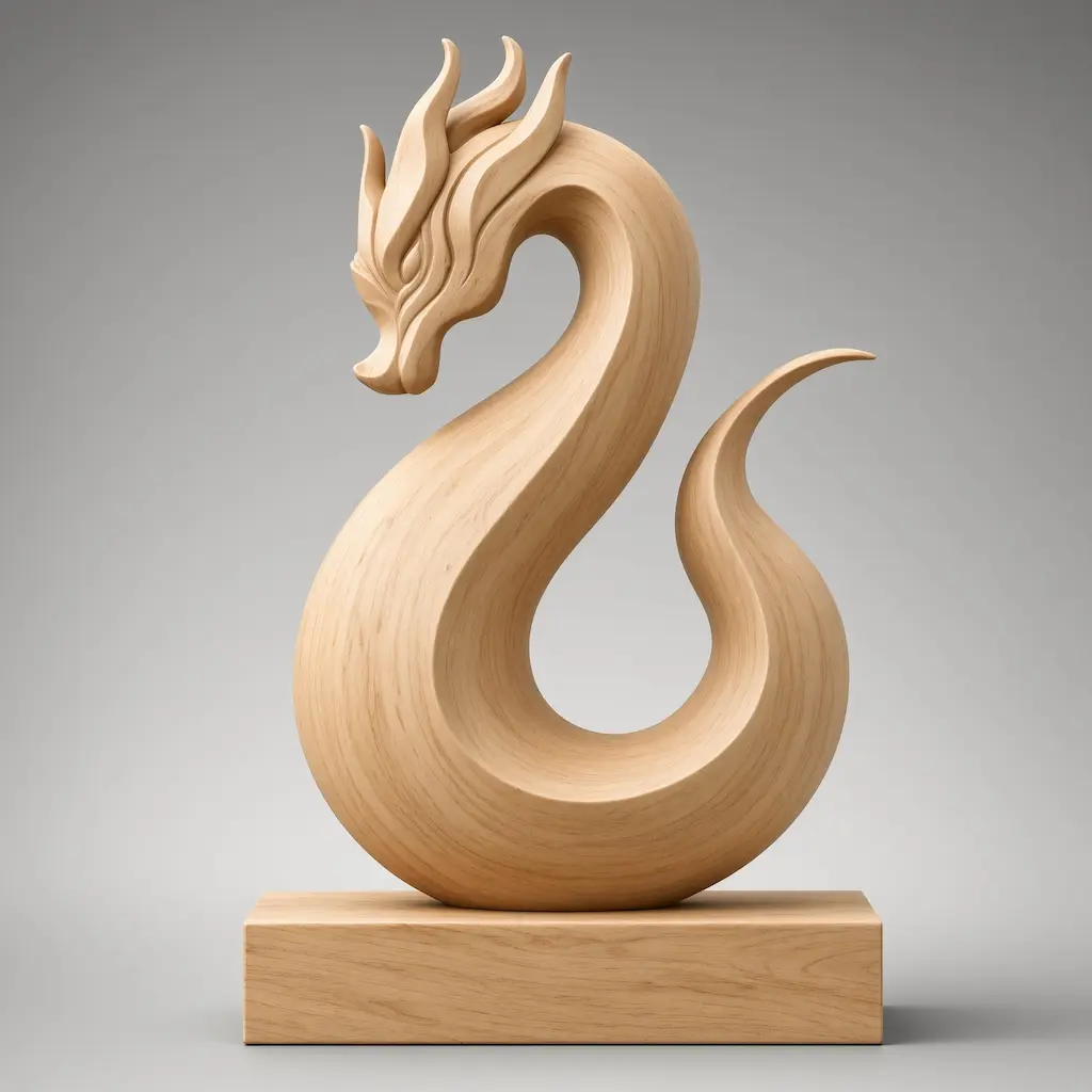 Stylized dragon sculpture 3D model light wood finish