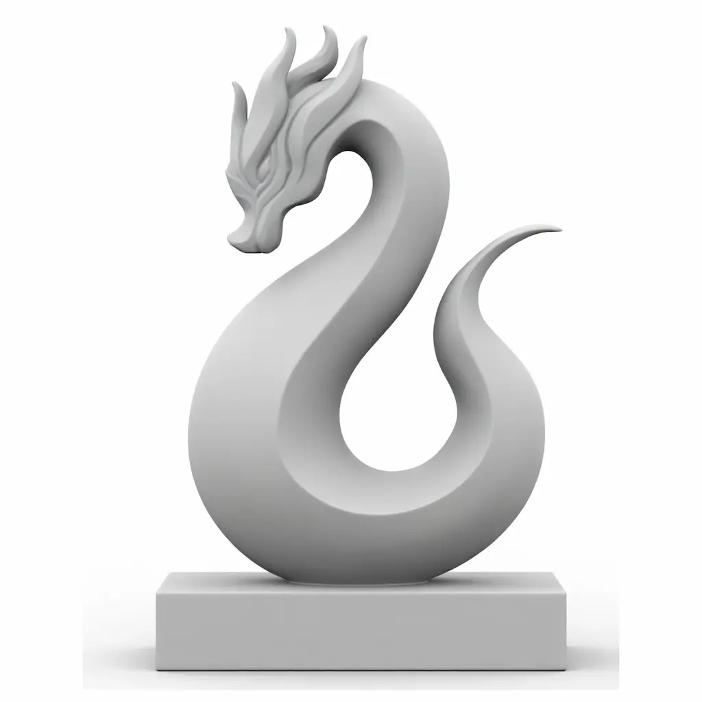 White clay render of stylized serpentine dragon sculpture