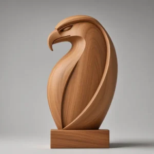 Stylized eagle sculpture 3D model in medium brown wood finish on rectangular base