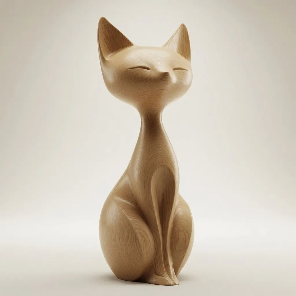 Natural oak grain detail on modern cat sculpture