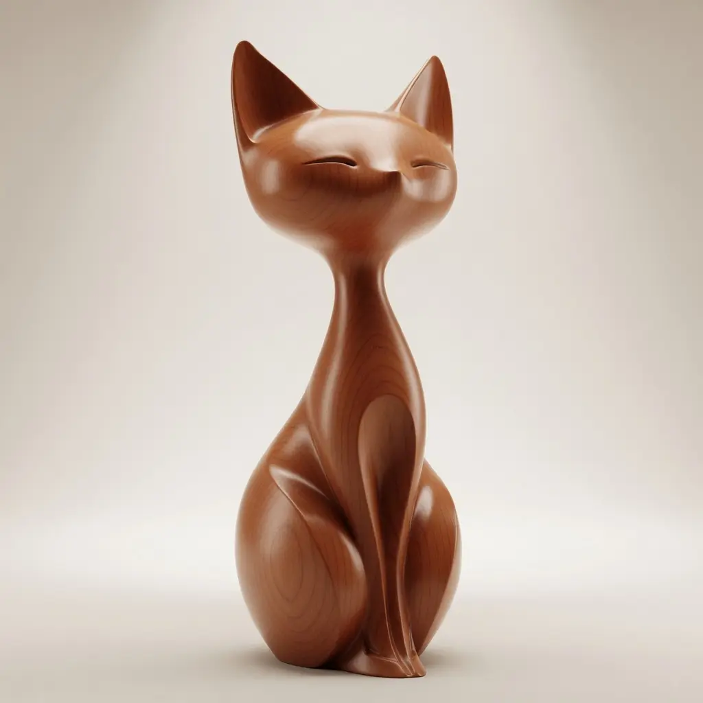 Rich cherry wood finish on stylized sitting cat 3D model