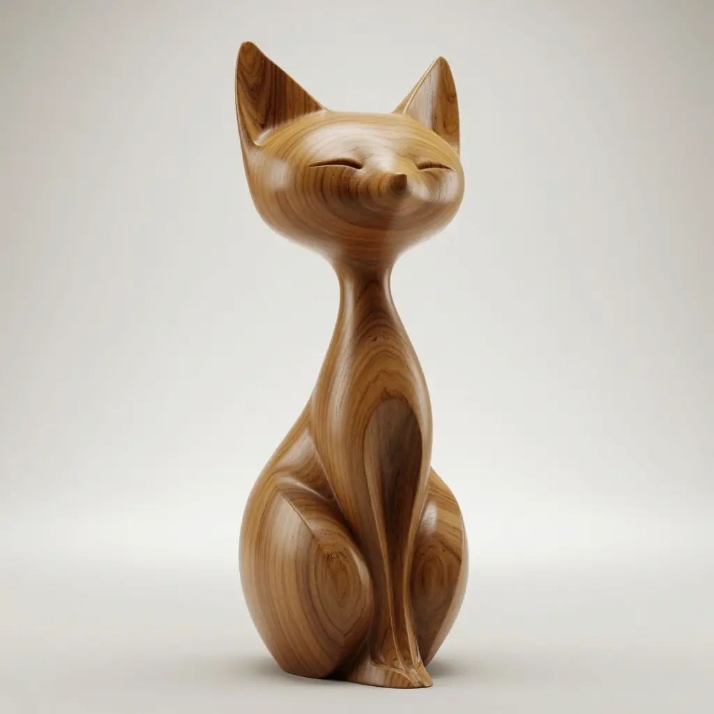 Walnut-toned wood render of elegant feline digital sculpture
