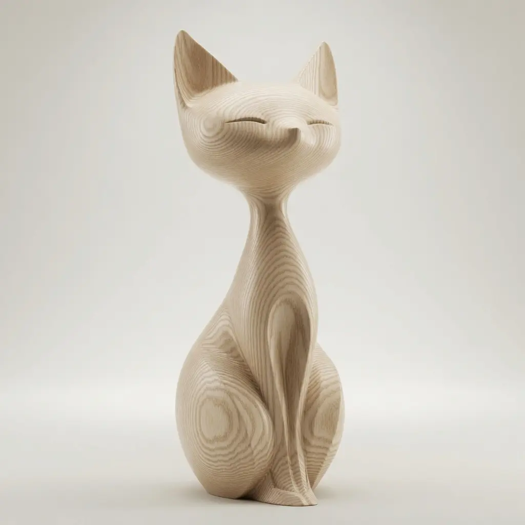 Light oak wood version of minimalist cat sculpture, studio lighting