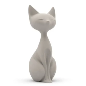 Stylized sitting cat 3D model in neutral gray matte finish, front view