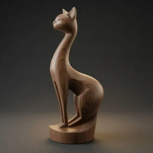 Stylized sitting cat 3D model in walnut wood version