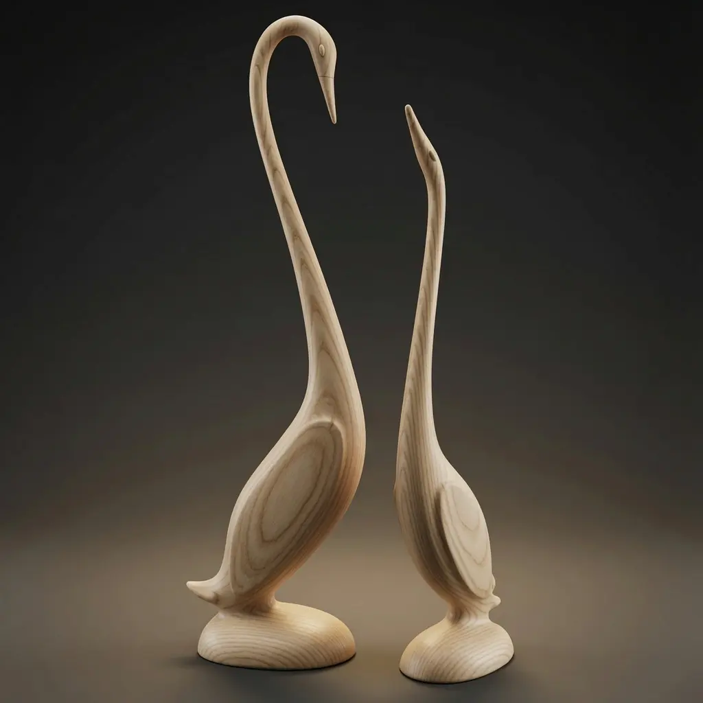 Medium wood tone swan pair statues on neutral background