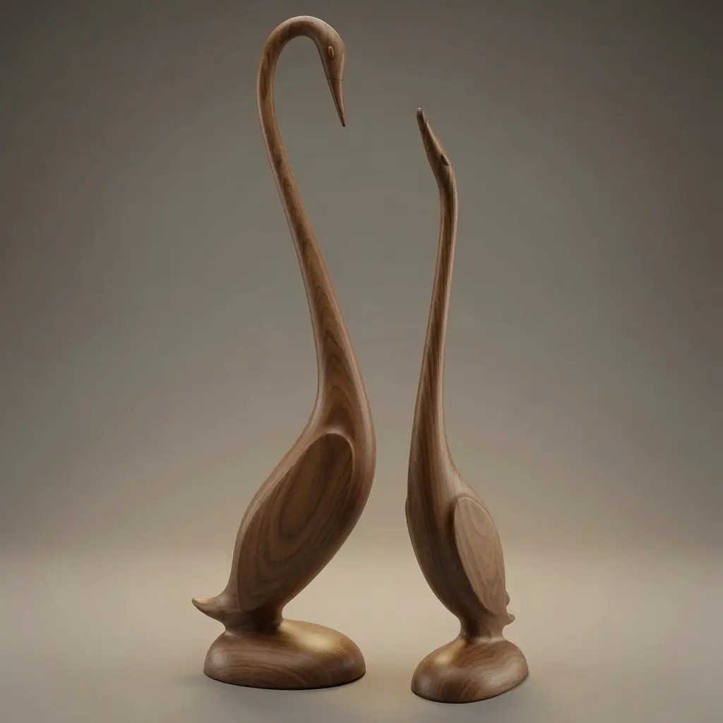 Modern minimalist swan sculptures in warm wood finish