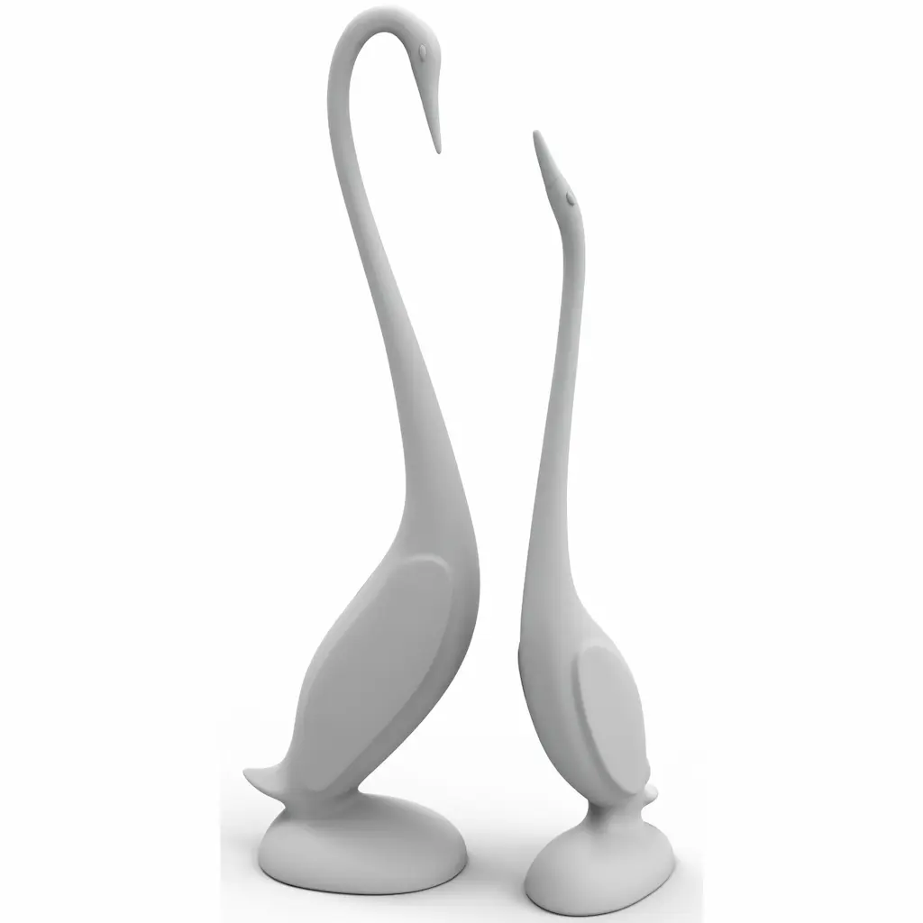 Clean white clay render of swan pair sculpture geometry