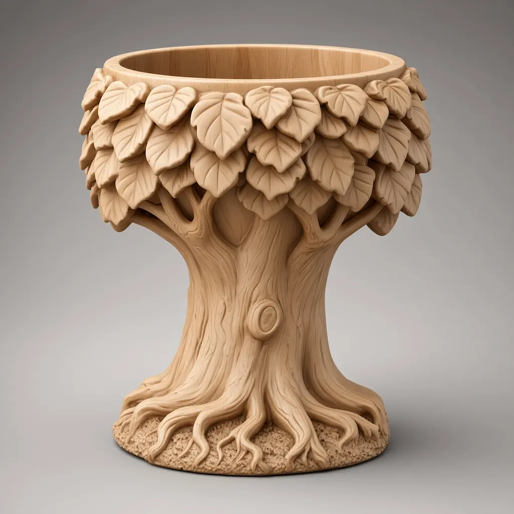 Light wood tree shaped planter with bark and leaves