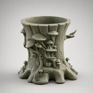 Tree stump planter 3D model with mushrooms and roots